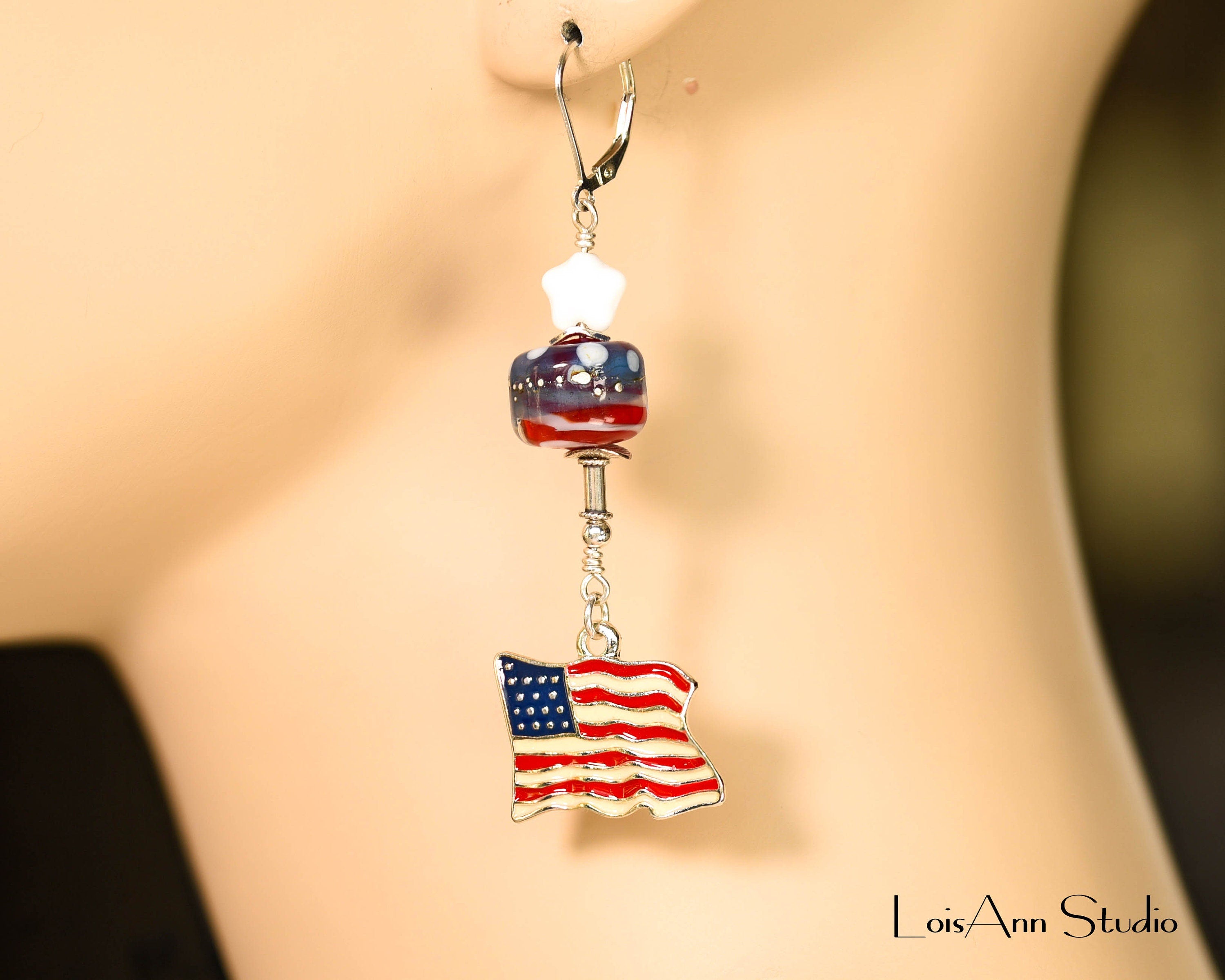 Patriotic Earrings, Sterling Silver, Red White and Blue, USA