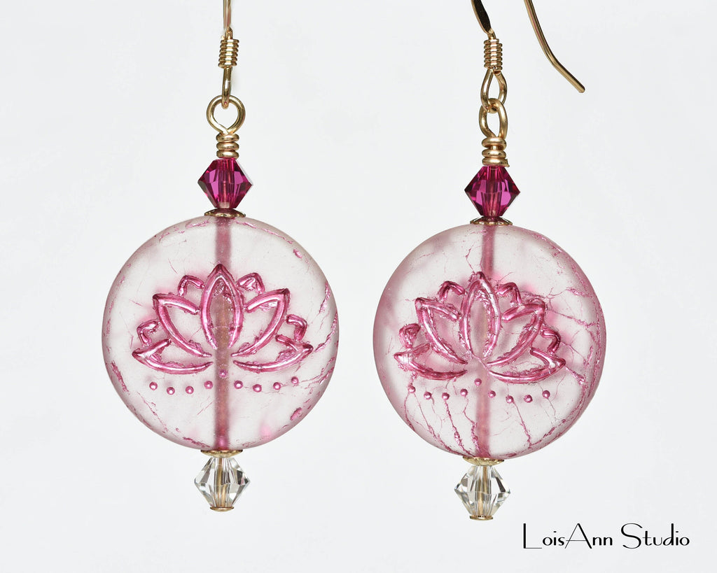Etched Lotus Flower Earrings: Fuchsia Czech Glass, 14kt Gold Filled