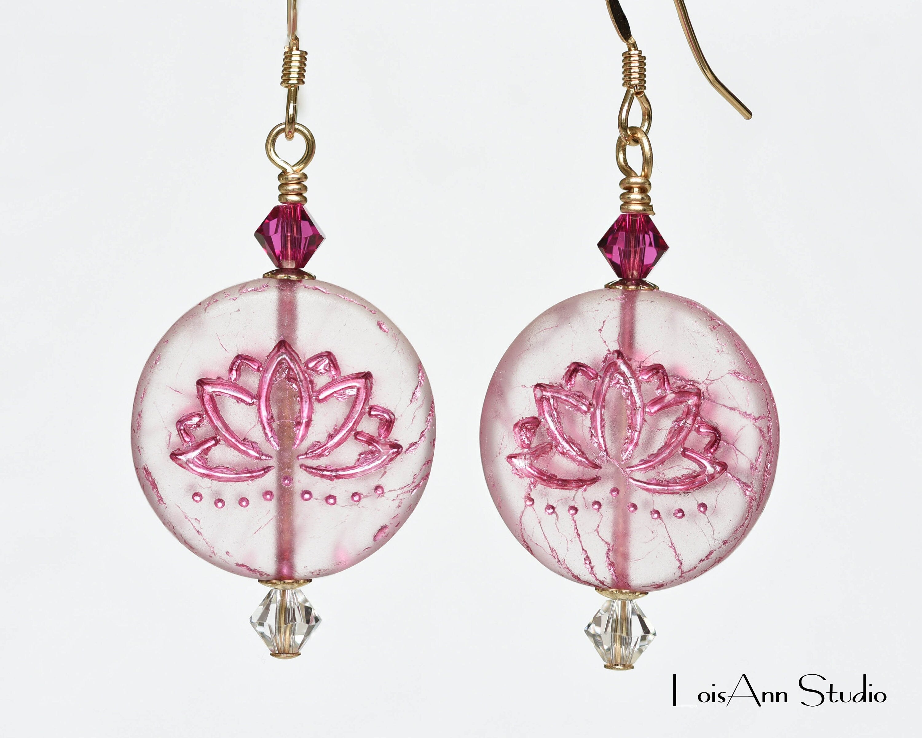 Etched Lotus Flower Earrings: Fuchsia Czech Glass, 14kt Gold Filled