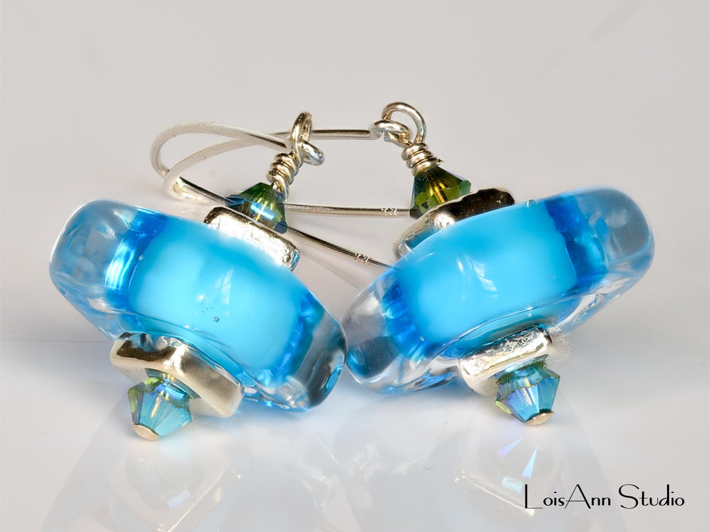 Lampwork Glass Earrings:  Electric Blue, Handmade, V Sterling Ear Wires, Gift for Her