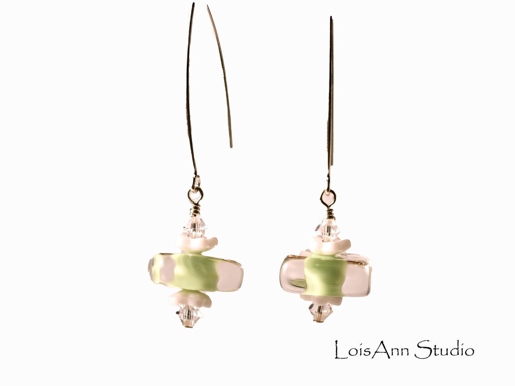 Lampwork Glass Earrings: Light Pistachio Green Artisan Beads, Handmade, Sterling Silver