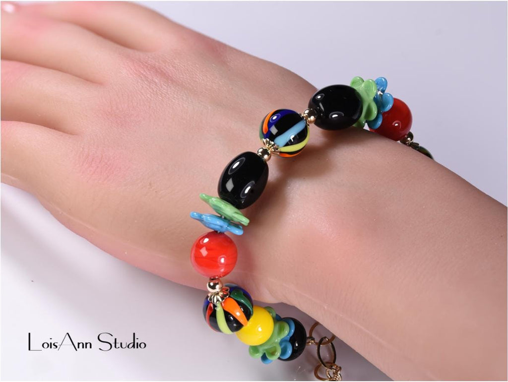 Lampwork Glass Bracelet: Multicolor Artisan Jewelry, 14kt Gold Filled