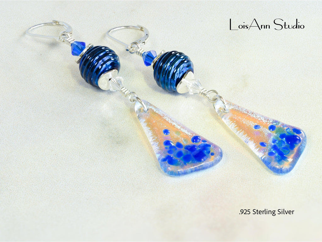 Sapphire Blue Dichroic Sterling Silver Dangle Earrings