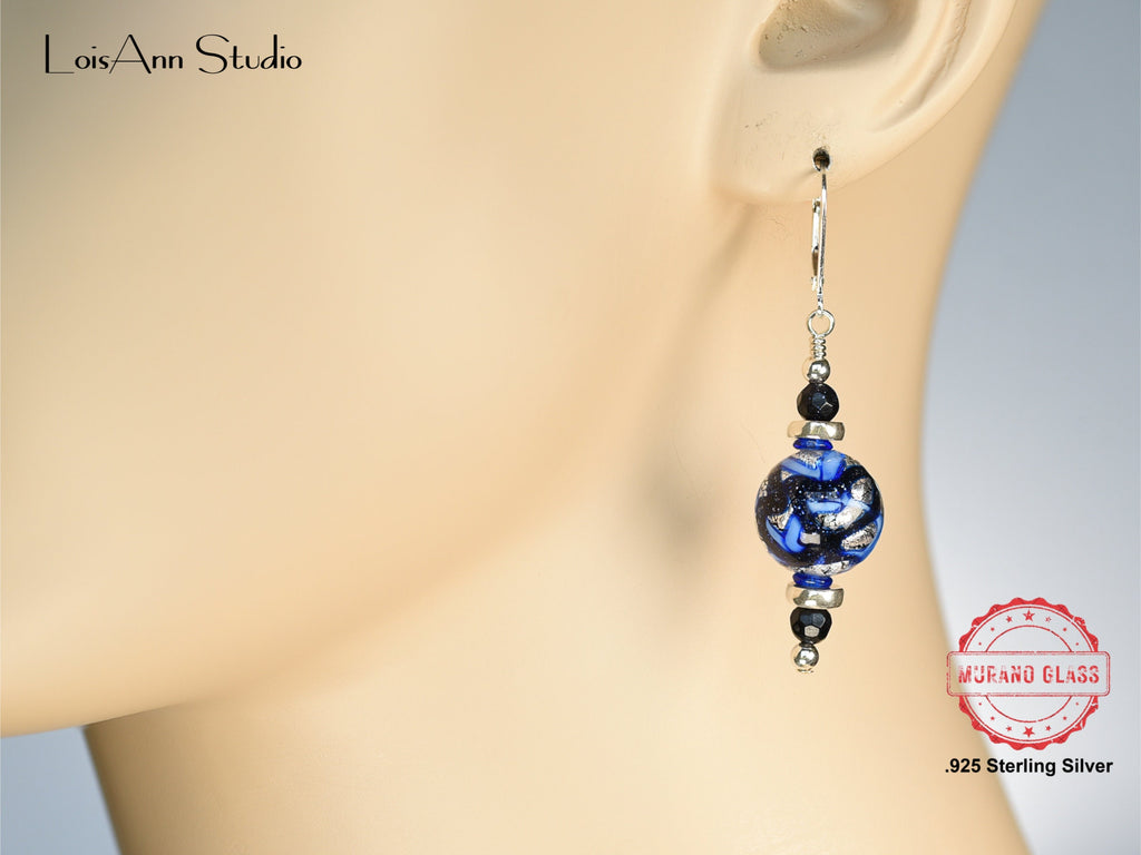 Murano Glass Earrings: Sterling Silver Foil, Blue Goldstone, Handmade