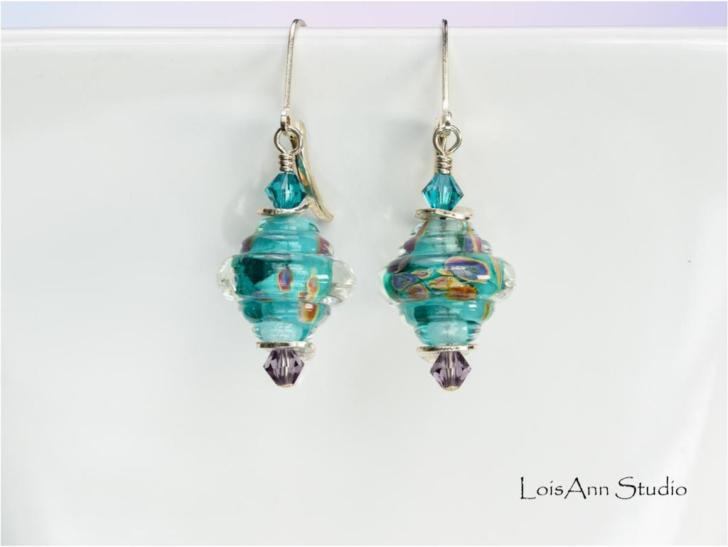 Teal Lampwork Glass Earrings: Sterling Silver, Handmade Artisan Jewelry