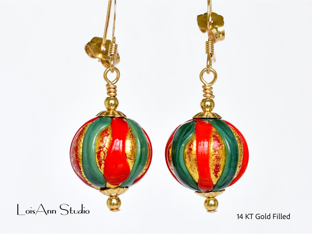Murano Glass Christmas Earrings: Red Green Gold, 14kt Gold Filled