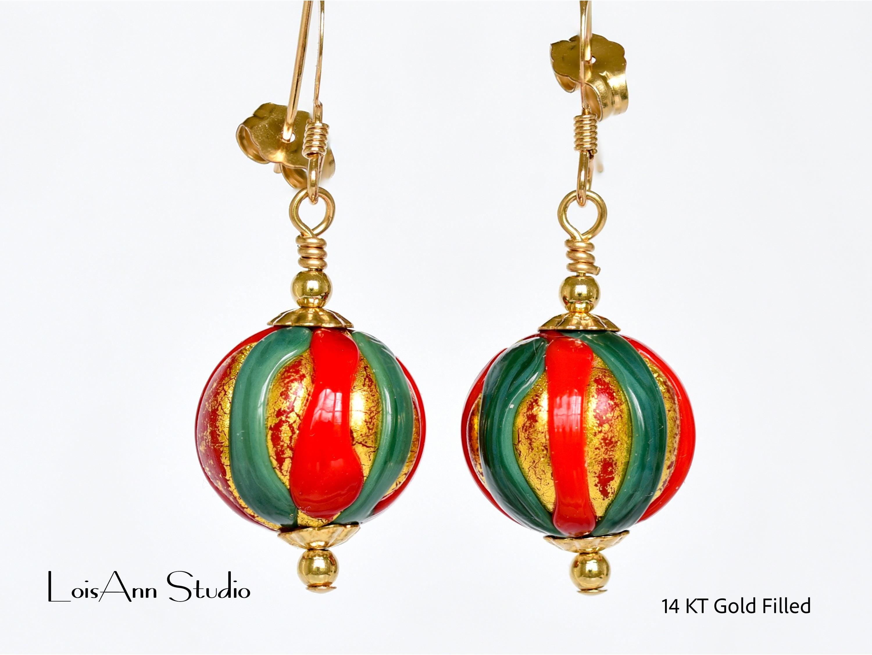 Murano Glass Christmas Earrings: Red Green Gold, 14kt Gold Filled