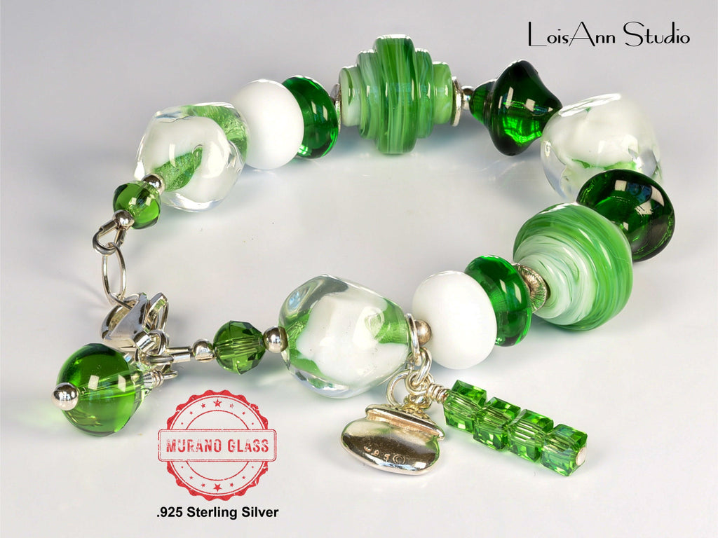 Lucky Lampwork Bracelet, Green and White, One of a Kind, St. Patrick's Day, Sterling Silver