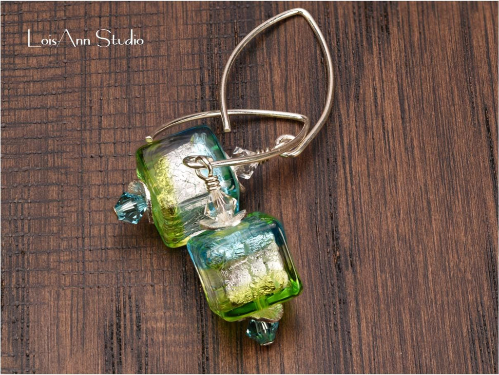 Lampwork Murano Glass Earrings: Aqua Lime Green Sterling Silver