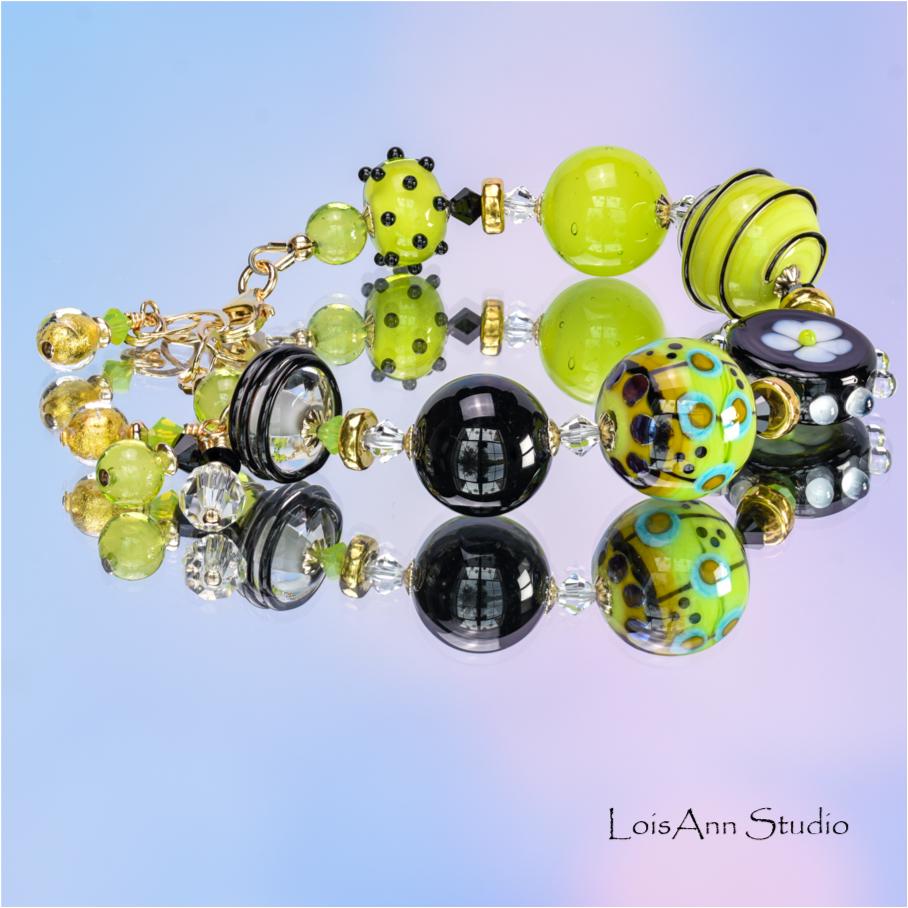 Lime Green Lampwork Glass Bracelet: 14kt Gold Filled, Artisan OOAK Jewelry