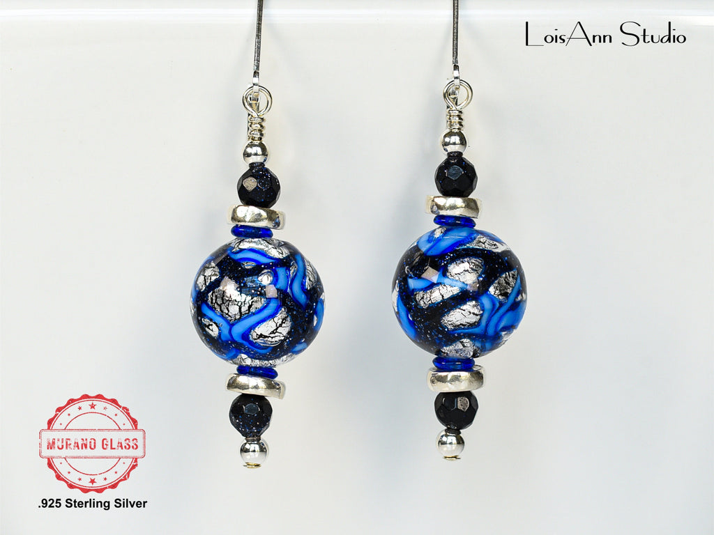 Murano Glass Earrings: Sterling Silver Foil, Blue Goldstone, Handmade