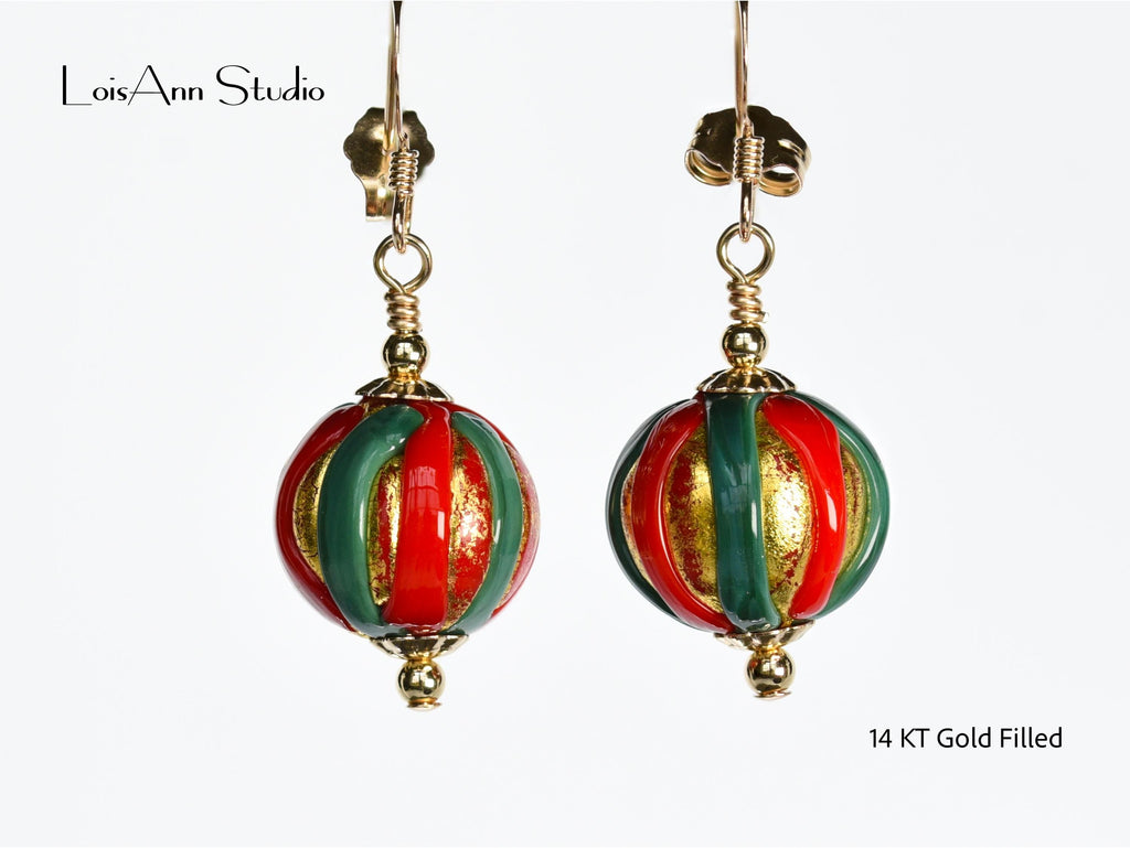 Murano Glass Christmas Earrings: Red Green Gold, 14kt Gold Filled