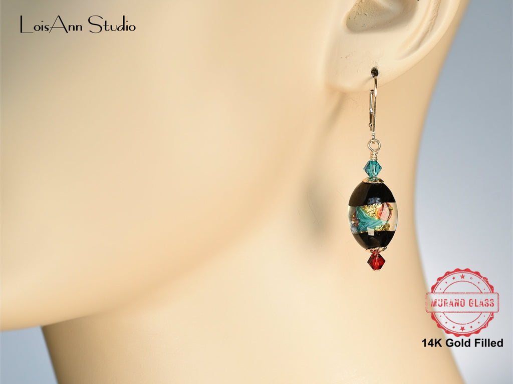 Artisan Earrings, Glass Jewelry, Fuchsia Pink, Teal, 14kt Gold Filled, Gift Ready
