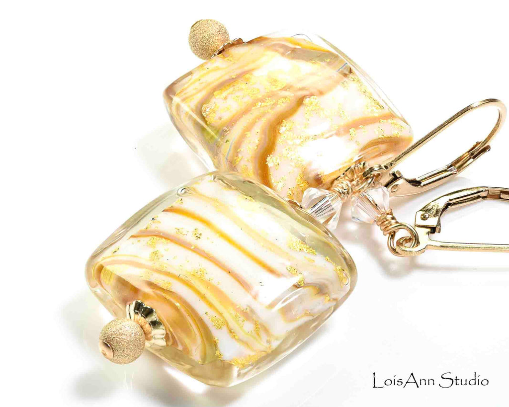 Rare Calcedonia Murano Glass 24kt Gold Foil Earrings, 14kt Gold Filled Lever Back Ear Wires for Pierced Ears, Handmade Lampwork