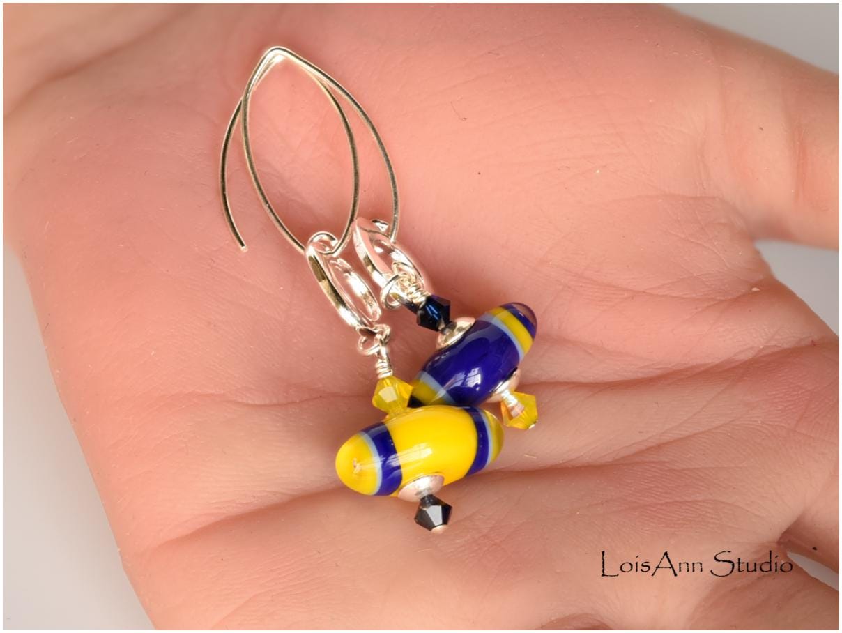 Lampwork Glass Earrings: Funky Mismatched Sterling Silver Jewelry, Navy Blue and Yellow
