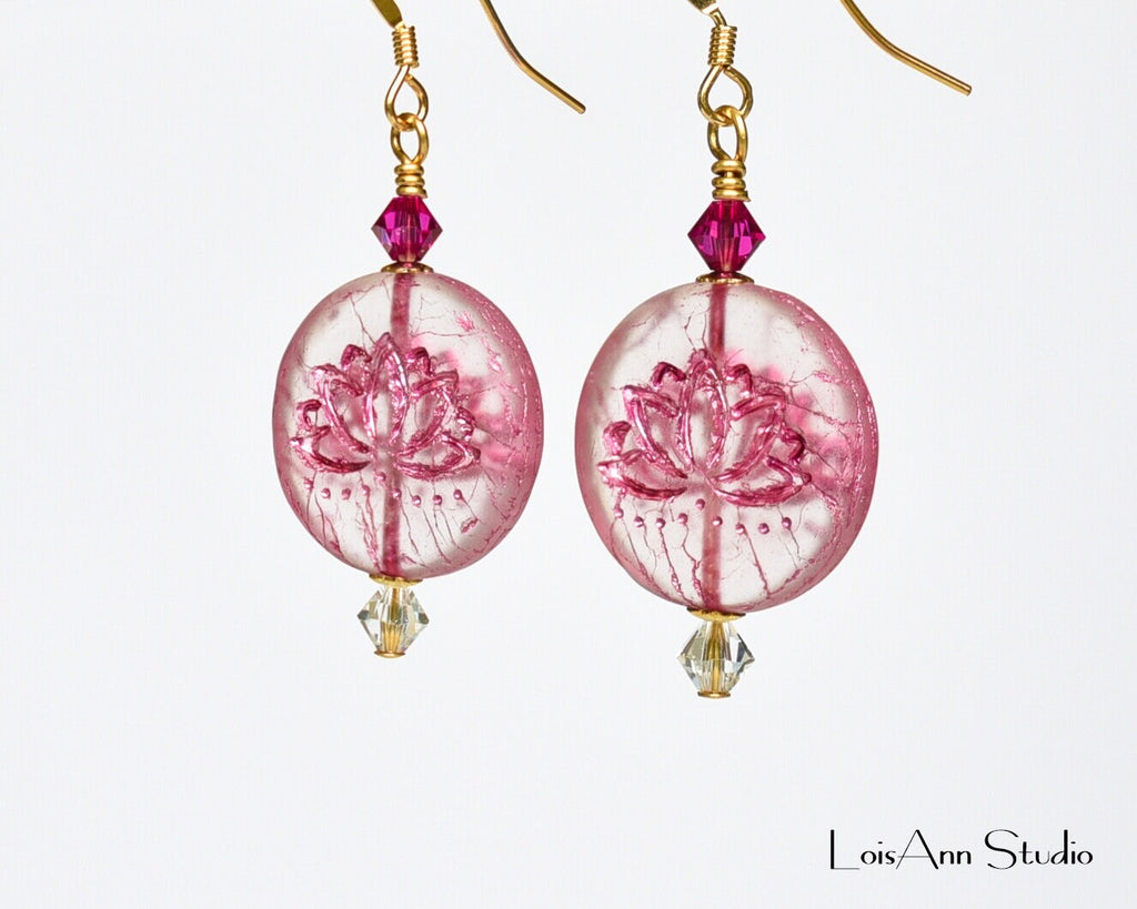 Etched Lotus Flower Earrings: Fuchsia Czech Glass, 14kt Gold Filled