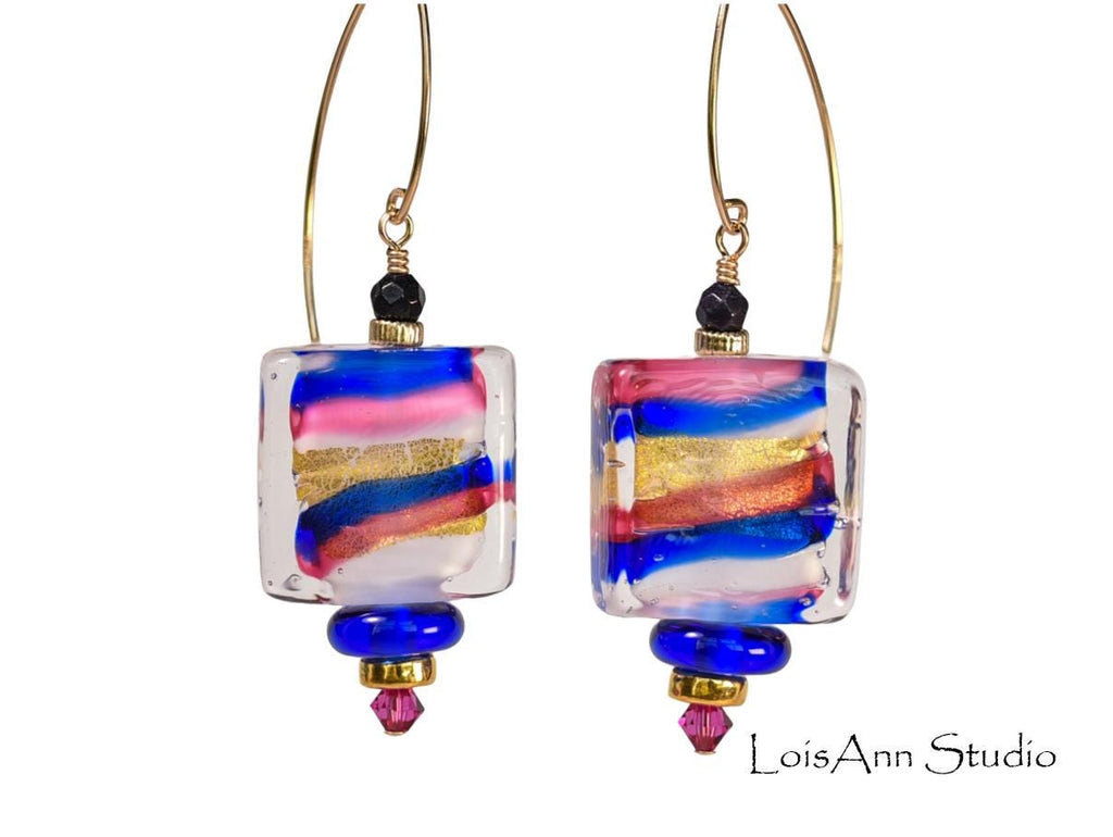 Lampwork Murano Glass Earrings: Pink Cobalt Blue, 14kt Gold Filled