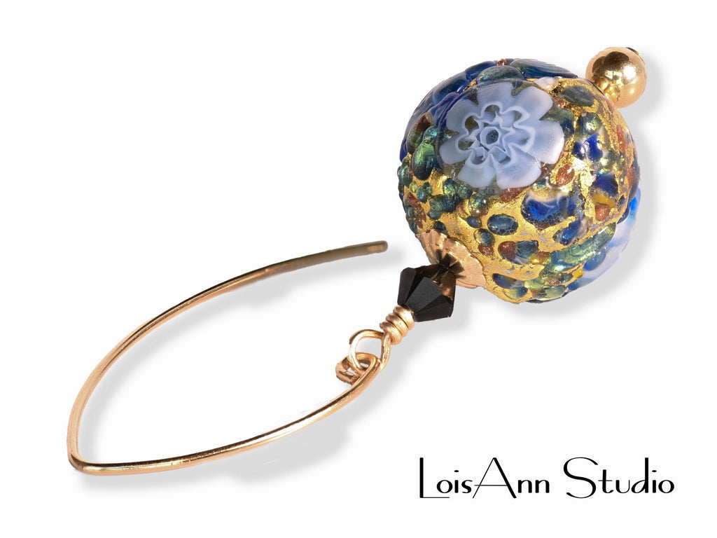 Murano Glass Millefiori Earrings:  Blue and Gold Foil, Art Glass Beaded Earrings, 14K Gold Filled Ear Wires