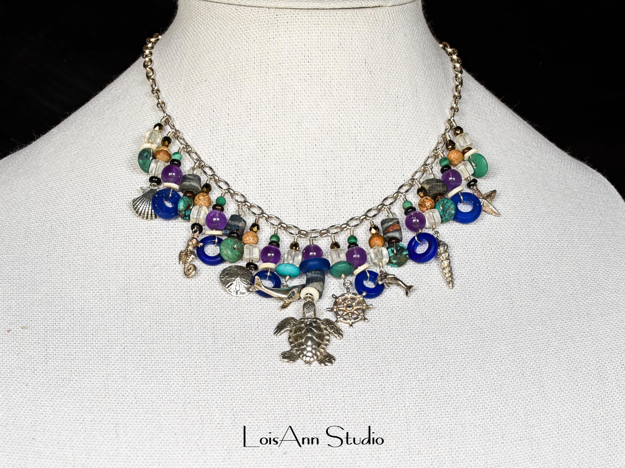 Vintage Charm Necklace:  Sterling Silver, Semi Precious Beads, One of a Kind, Unique Necklace