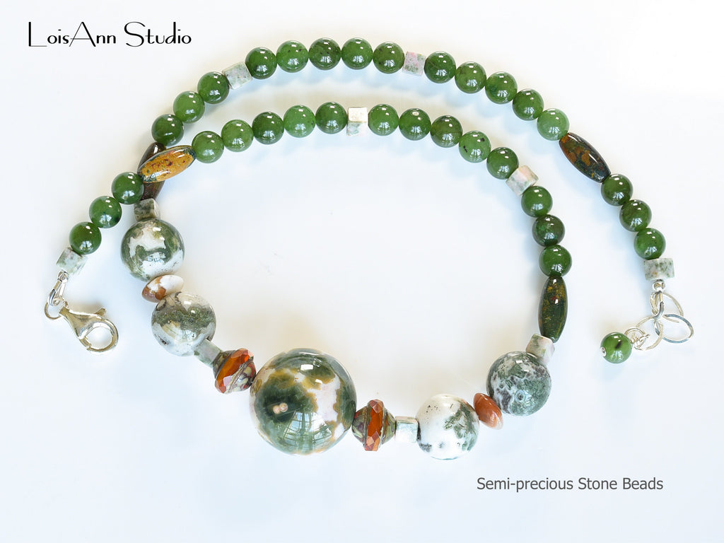Handmade Green Gemstone Necklace and Earrings Set: Agate, Jade, Jasper