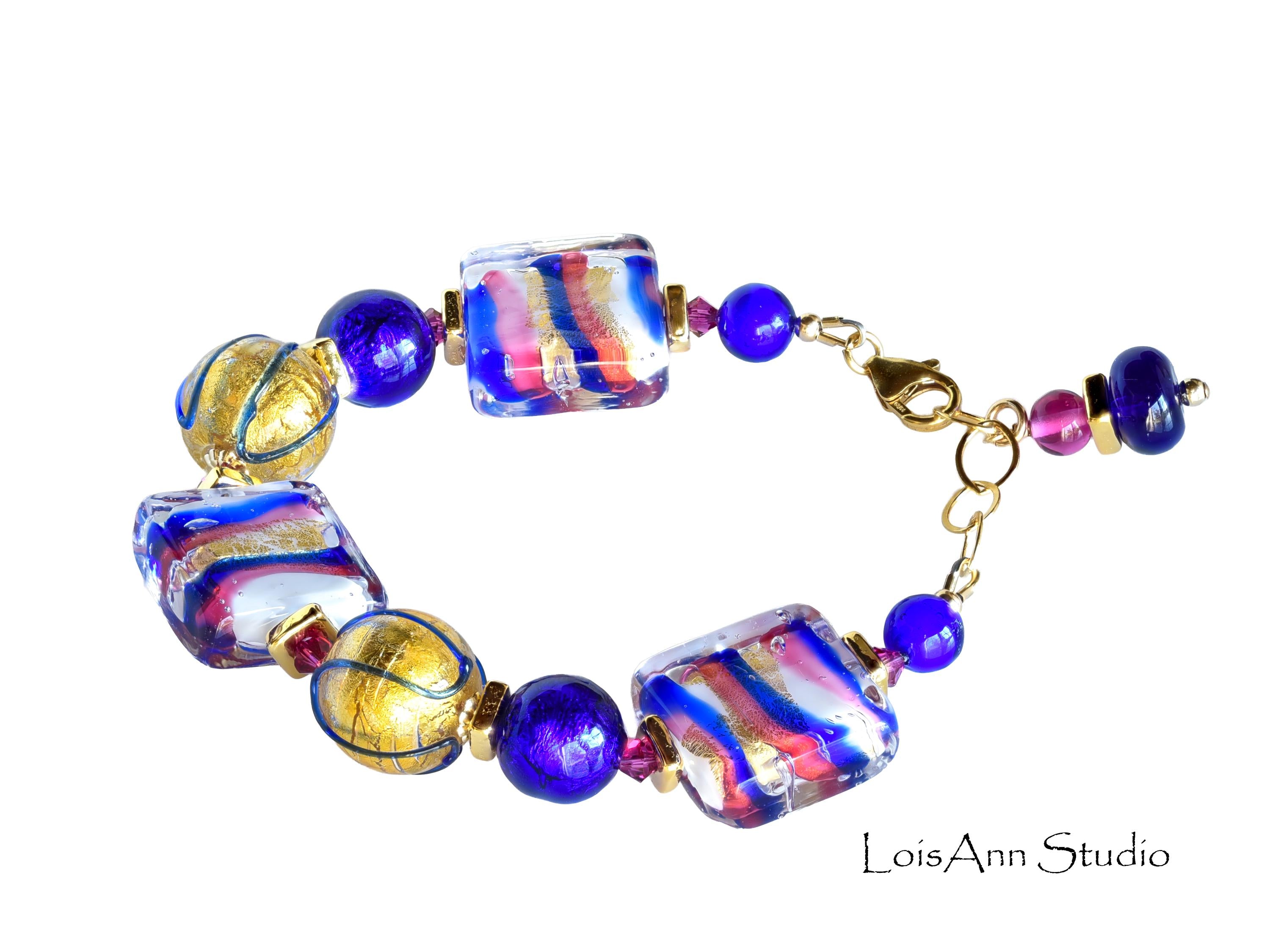 Chunky Venetian Murano Glass Bracelet:  Cobalt Blue and Fuchsia Pink, 14K Gold Filled, Adjustable