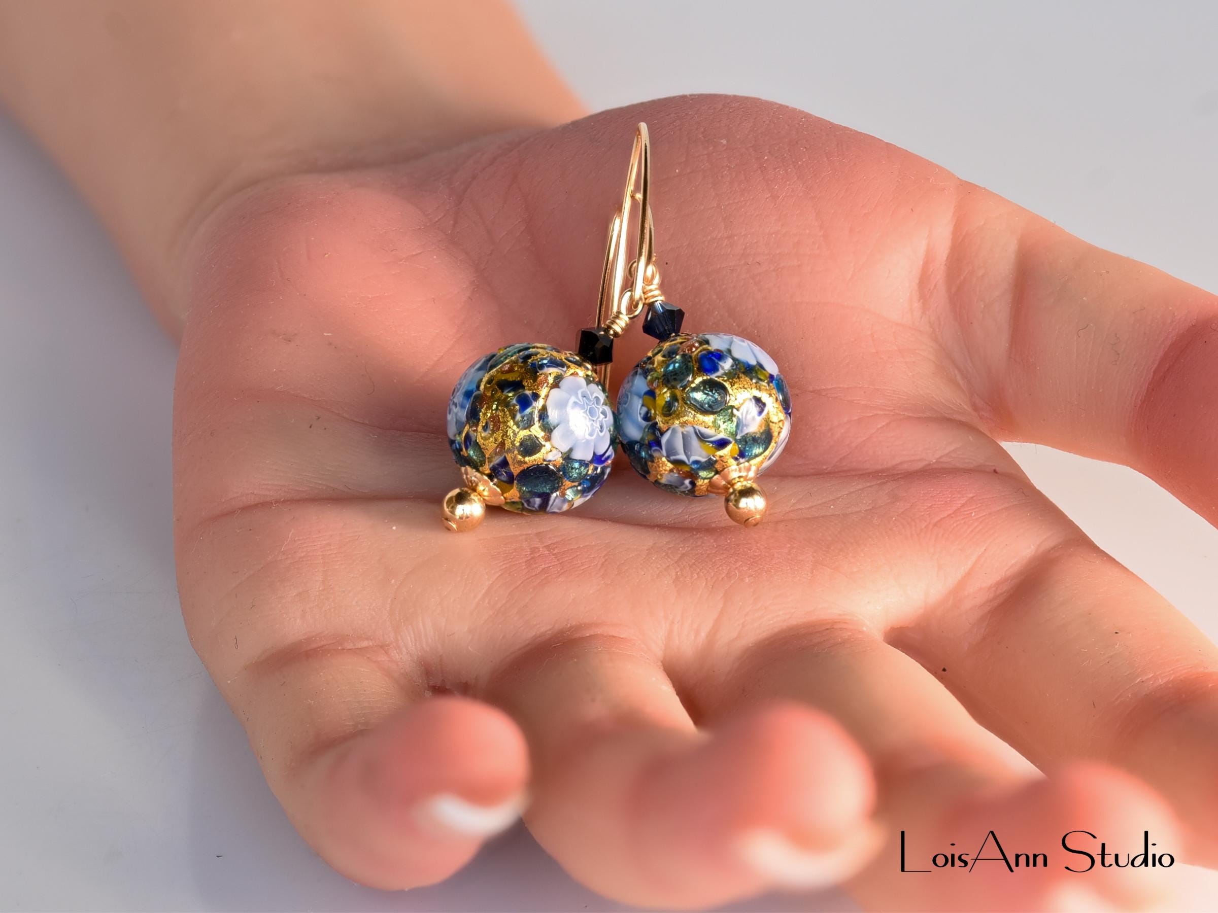 Murano Glass Millefiori Earrings:  Blue and Gold Foil, Art Glass Beaded Earrings, 14K Gold Filled Ear Wires