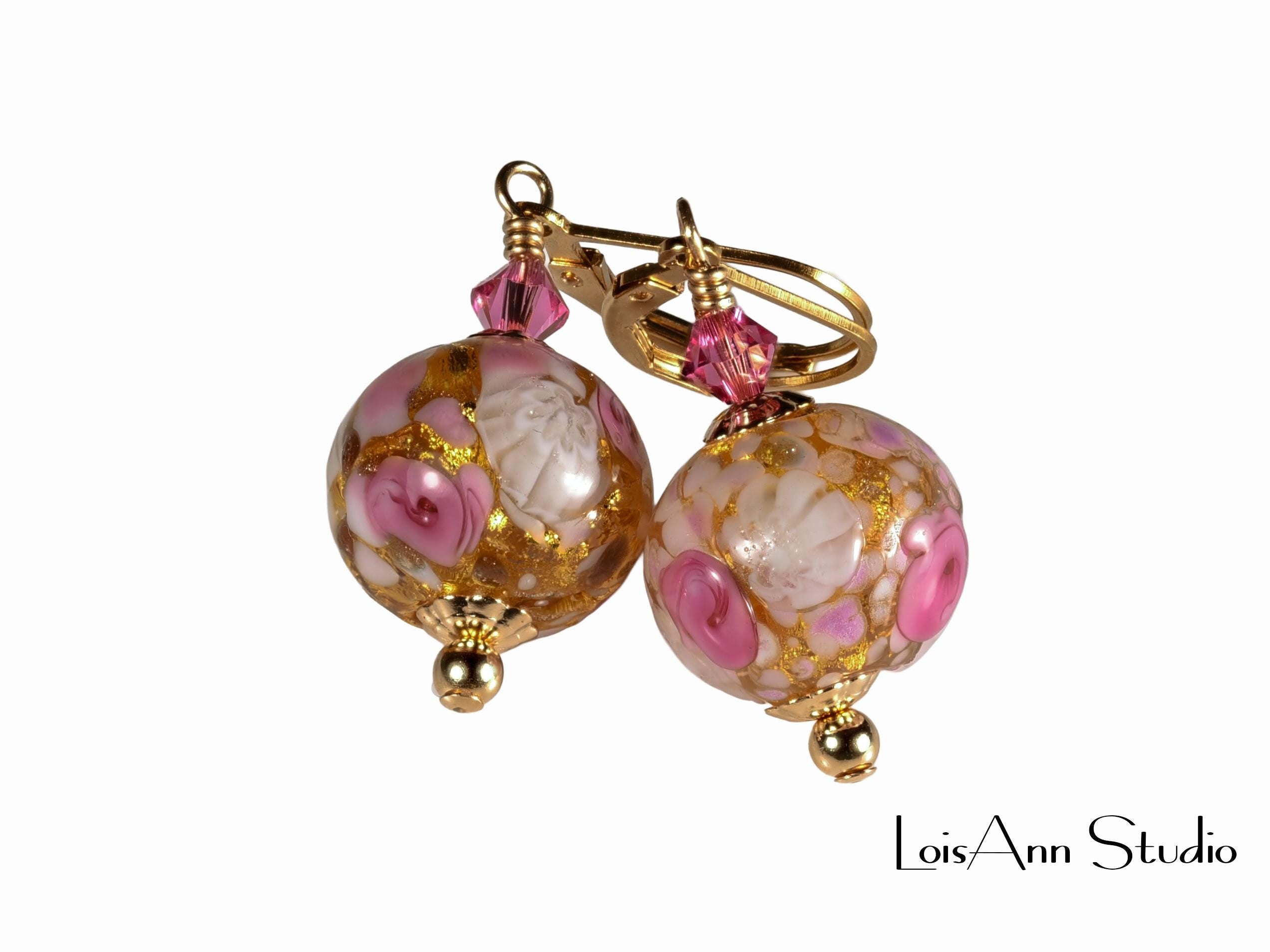 1-1/2 Inch Venetian Murano Pink Rose Earrings, 14K Gold Filled, Gift Worthy
