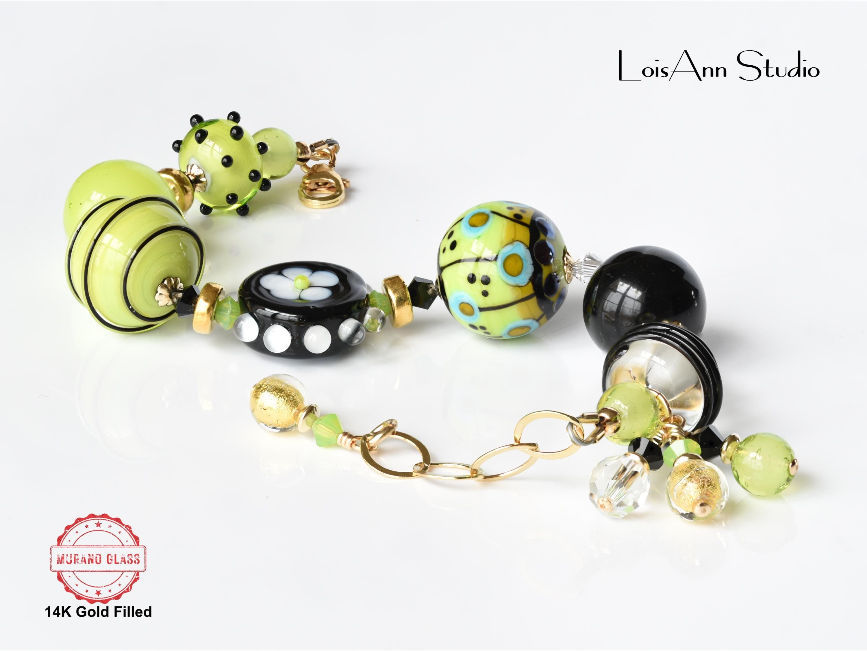Lime Green Lampwork Glass Bracelet: 14kt Gold Filled, Artisan OOAK Jewelry