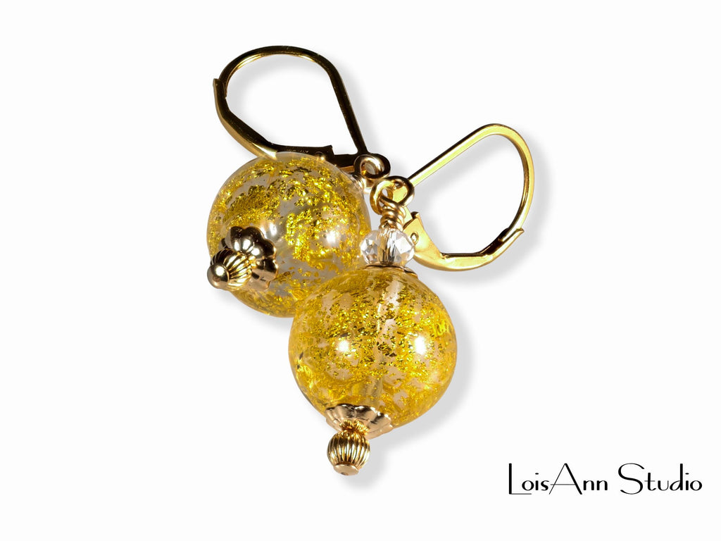 Gold Foil Lampwork Glass Earrings, 14K Gold Filled Lever Backs, Gift Worthy