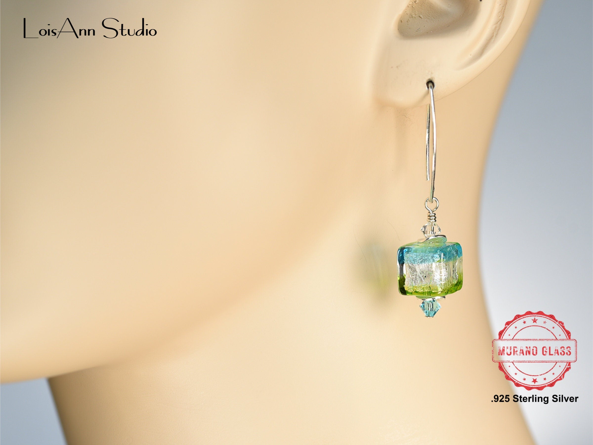 Lampwork Murano Glass Earrings: Aqua Lime Green Sterling Silver