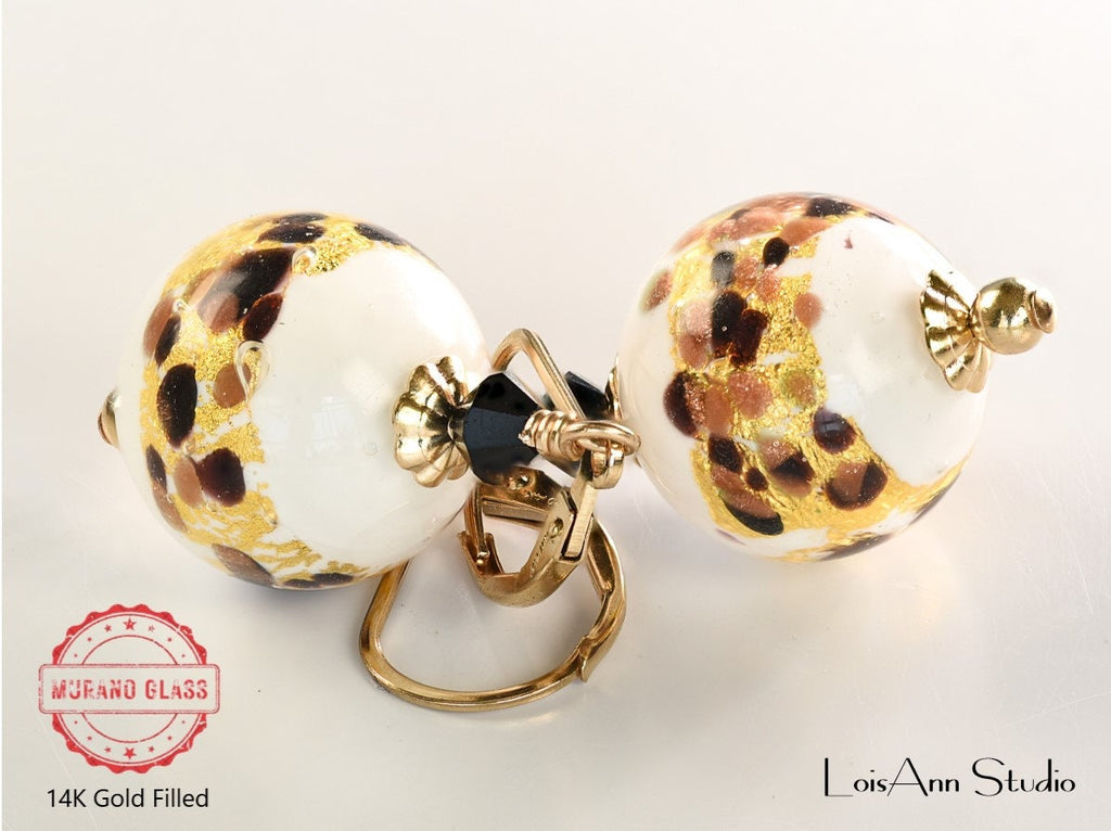 Animal Print Murano Glass Earrings: 14kt Gold Filled Lever Backs, Hand Torched Glass