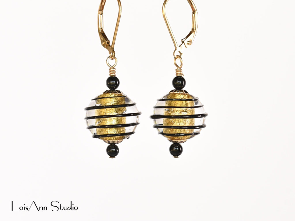 1-1/2 Inch Black and Gold Lampwork Beaded Earrings, Venetian Murano Glass