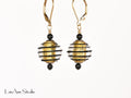 1-1/2 Inch Black and Gold Lampwork Beaded Earrings, Venetian Murano Glass