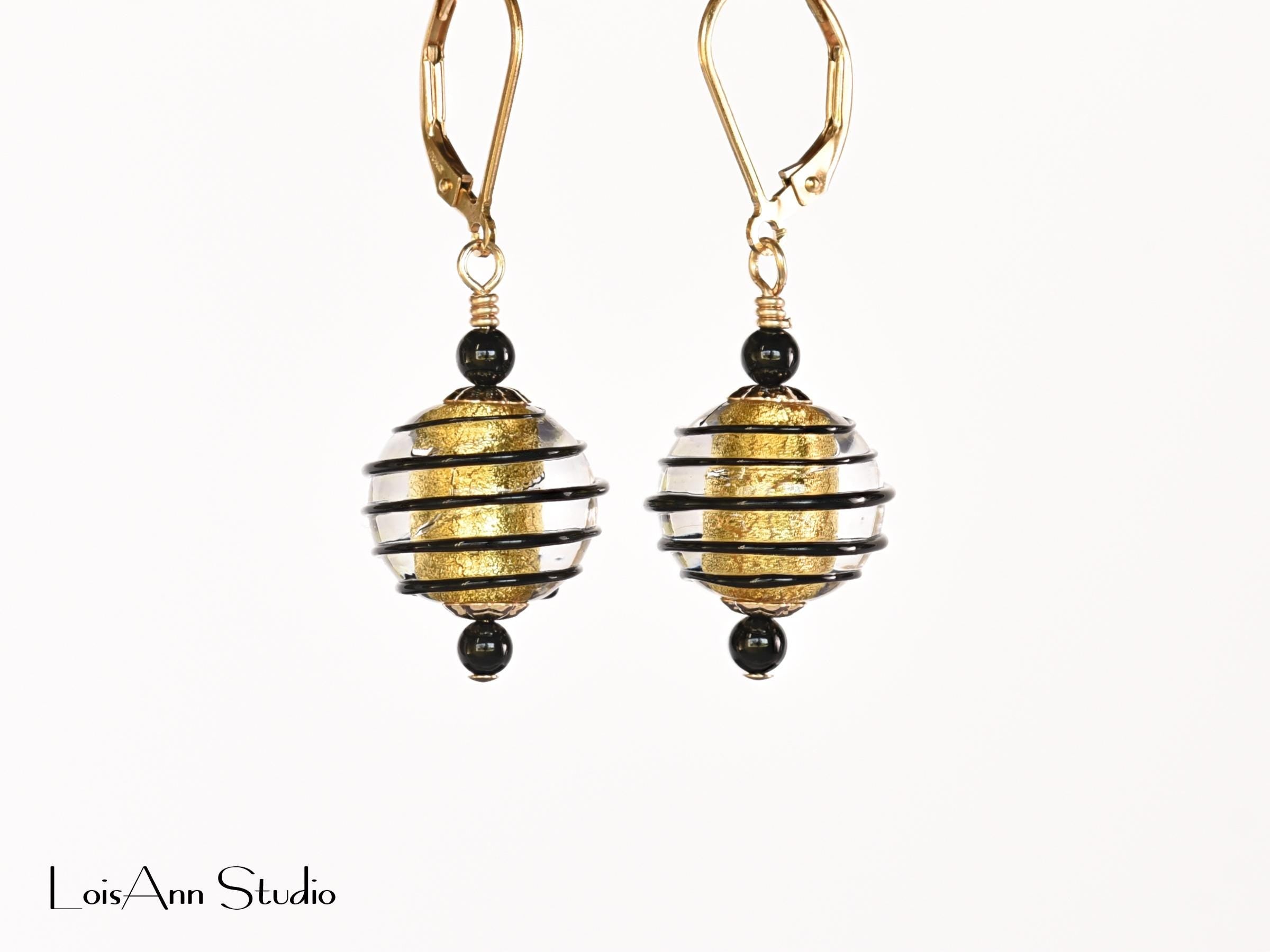 1-1/2 Inch Black and Gold Lampwork Beaded Earrings, Venetian Murano Glass