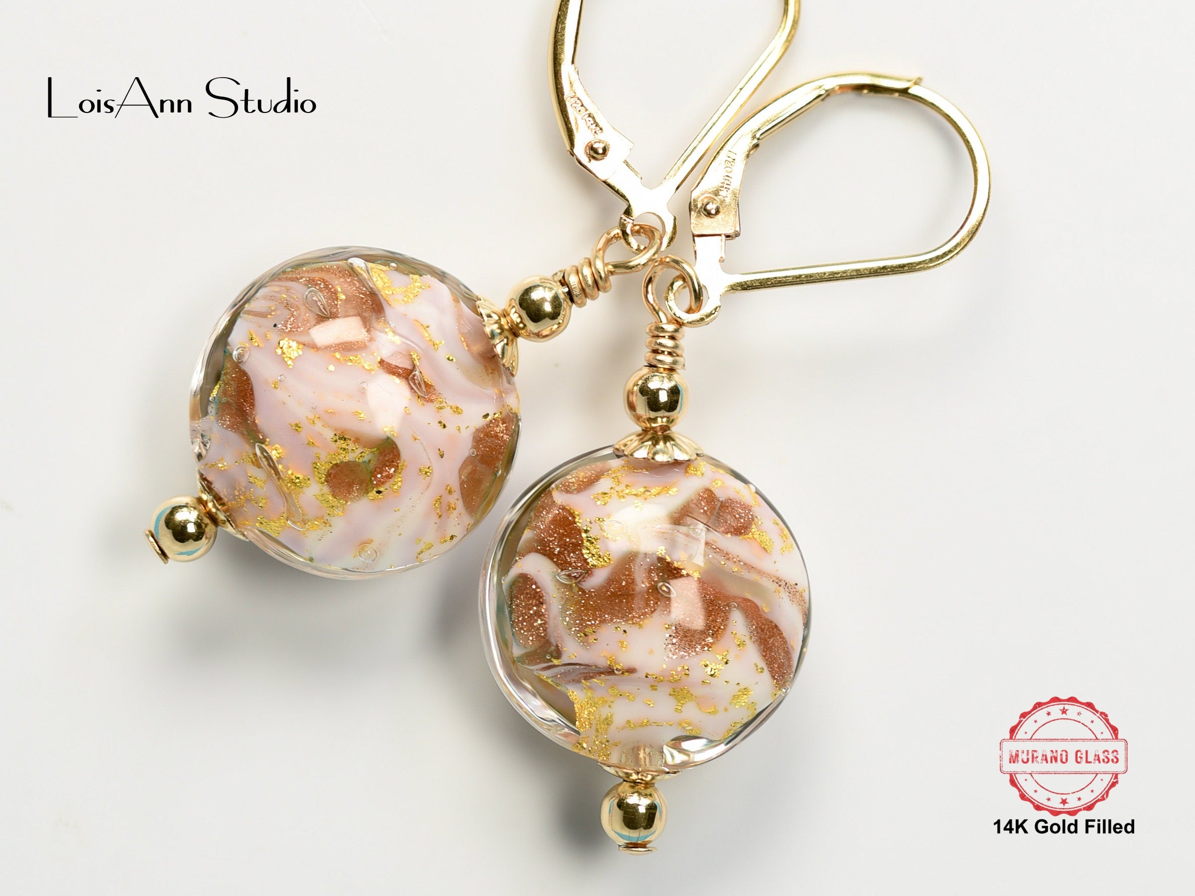 Murano Glass Pink Marble Earrings, Lampwork Beads, Venetian Murano, 14kt Gold Filled Ear Wires