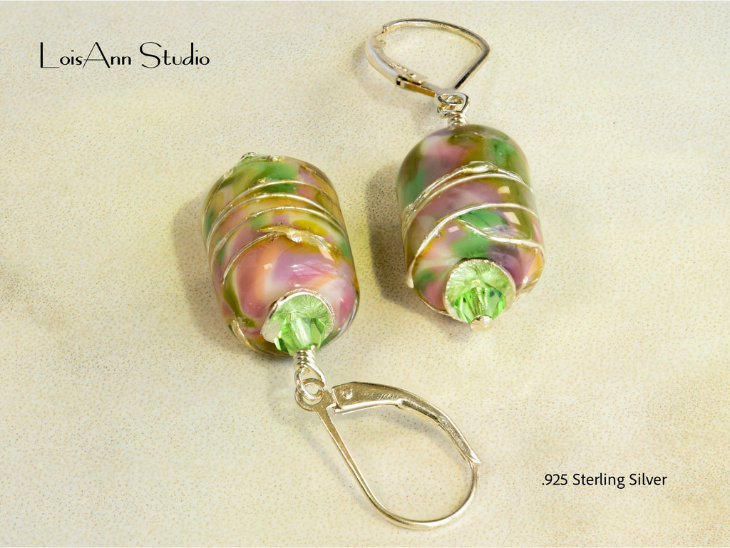 Pink & Spring Green Lampwork Earrings, Sterling Silver, Handmade