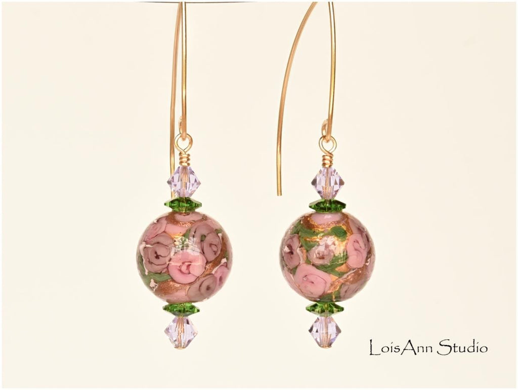 Murano Glass Rose Earrings: Swarovski Crystal, 14K Gold Filled