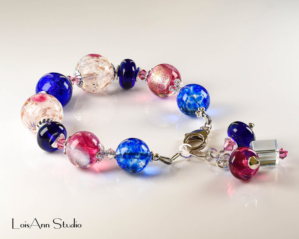 Lampwork Murano Glass Bracelet: Cobalt Blue, Pink, Sterling Silver