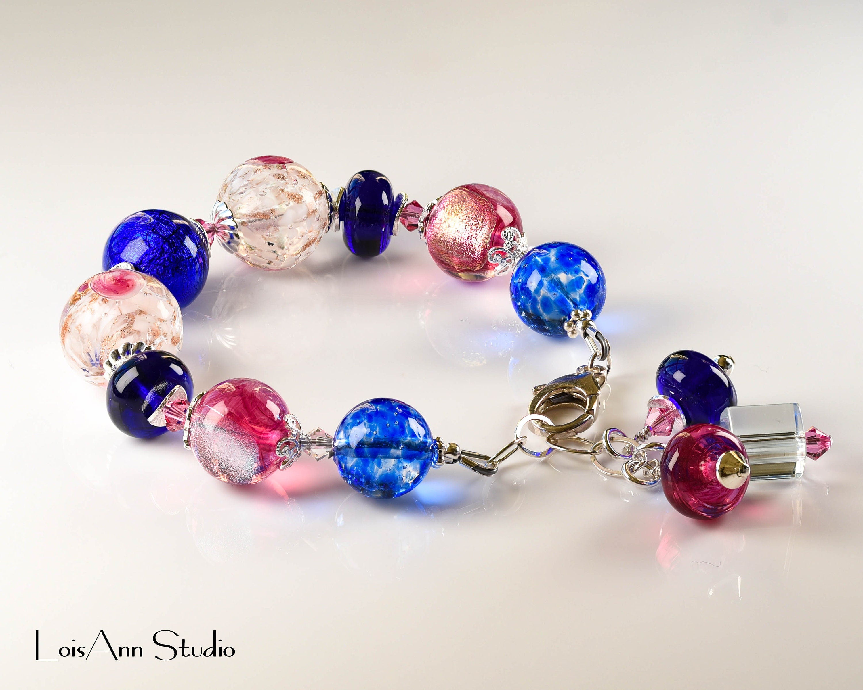 Lampwork Murano Glass Bracelet: Cobalt Blue, Pink, Sterling Silver