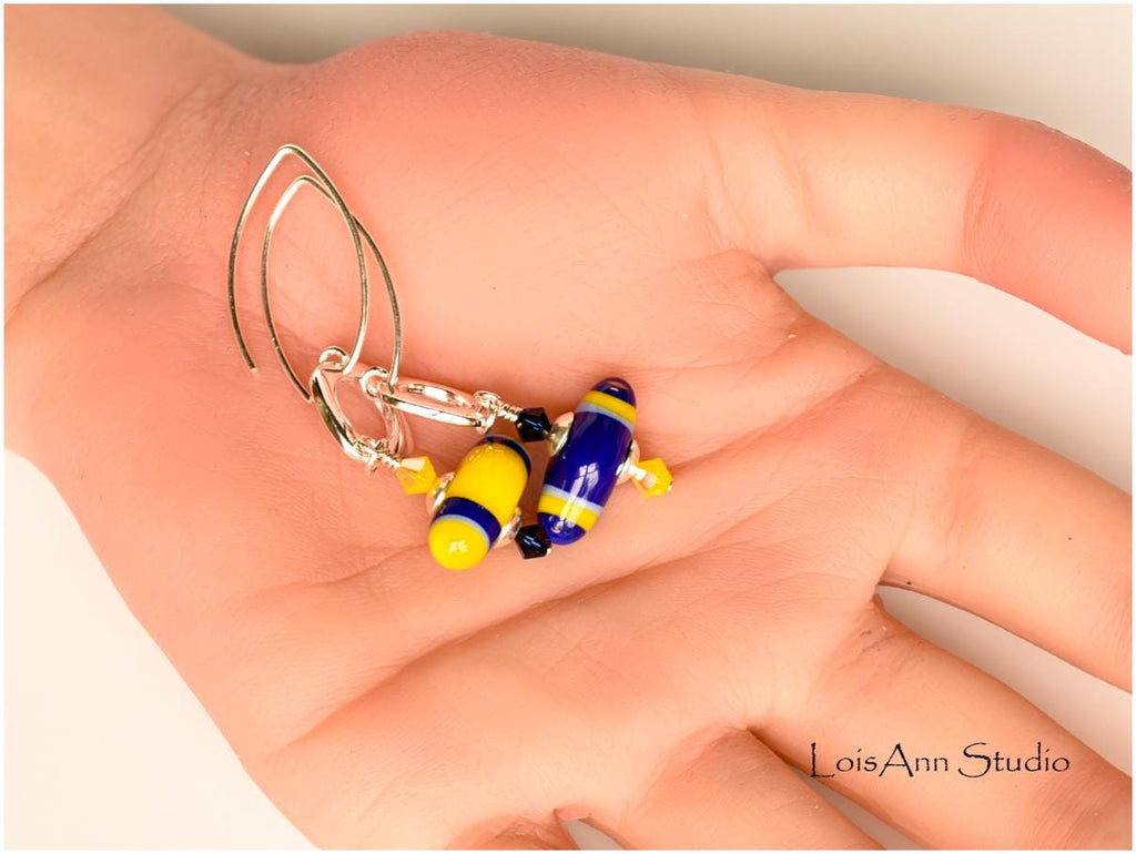 Lampwork Glass Earrings: Funky Mismatched Sterling Silver Jewelry, Navy Blue and Yellow