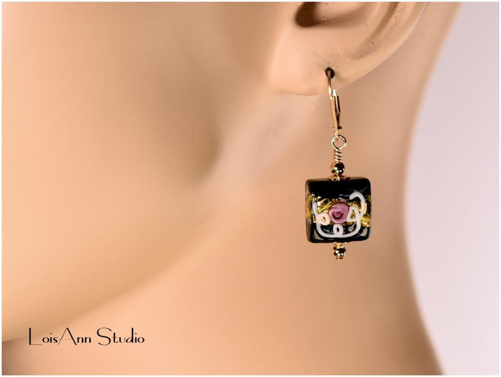 Petite Black Murano Glass Earrings: 14kt Gold Filled, Venetian Rose