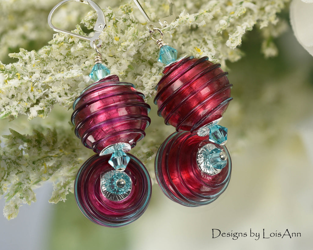Pink & Aqua Murano Glass Earrings, Sterling Silver Lever Backs