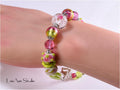 Lime Green Lampwork Glass Bracelet: Pink Murano Flower, Sterling Silver, Adjustable