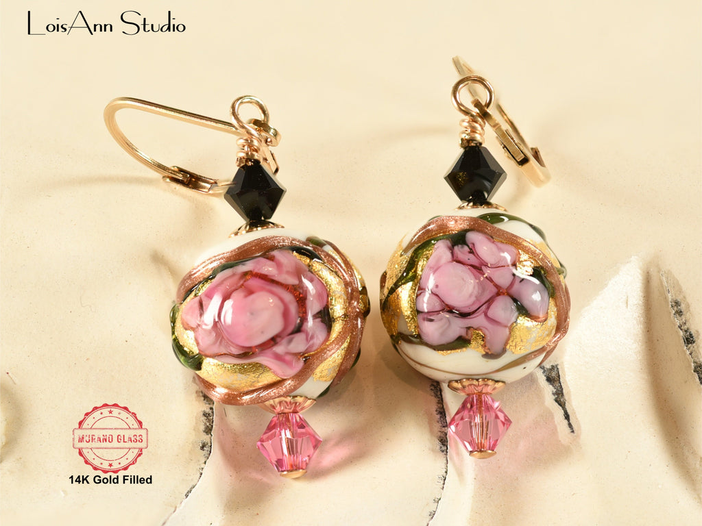 Pink Flowers Ivory Beaded Earrings, Murano Glass, Handmade, 14kt Gold Filled