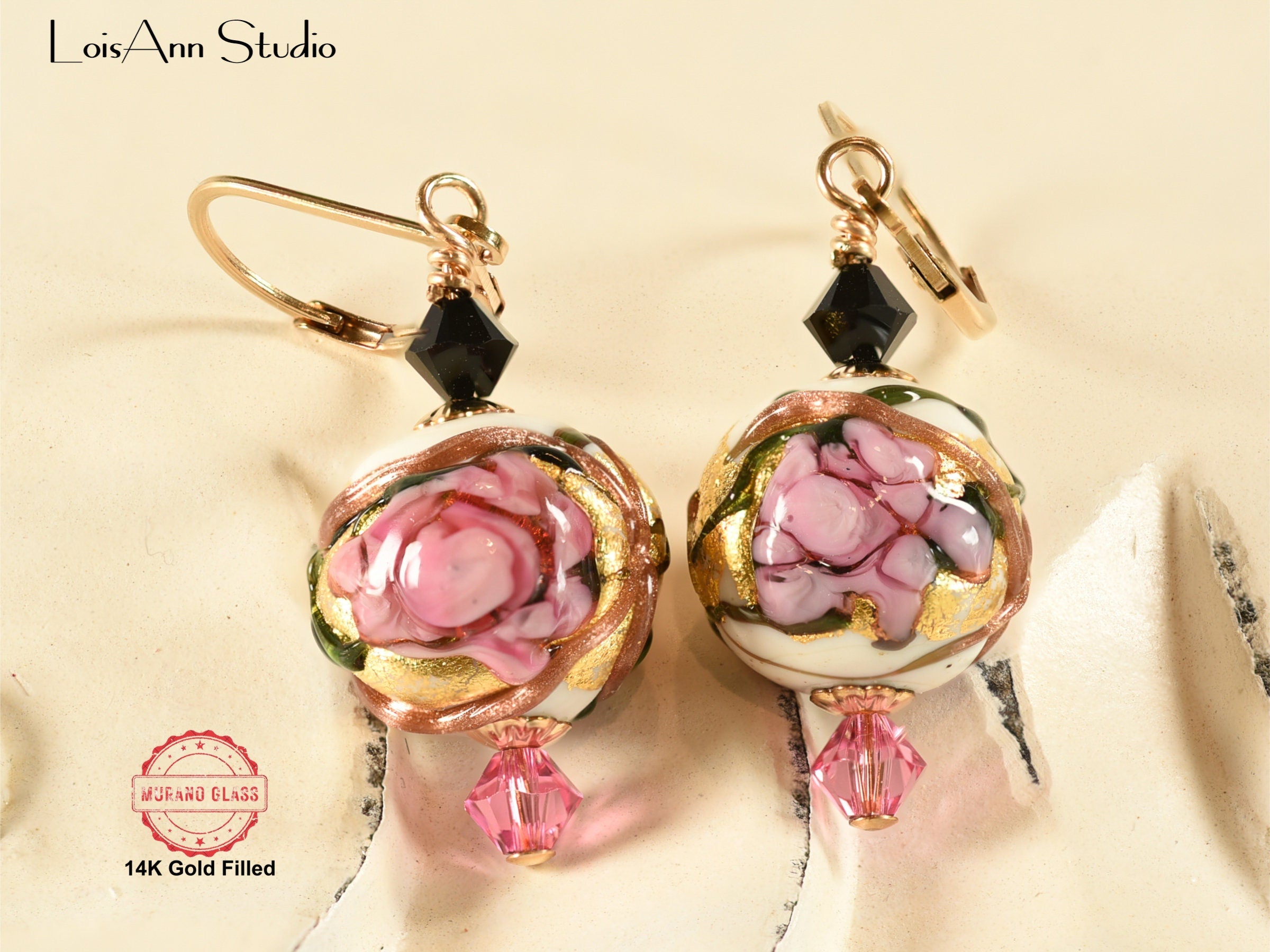 Pink Flowers Ivory Beaded Earrings, Murano Glass, Handmade, 14kt Gold Filled