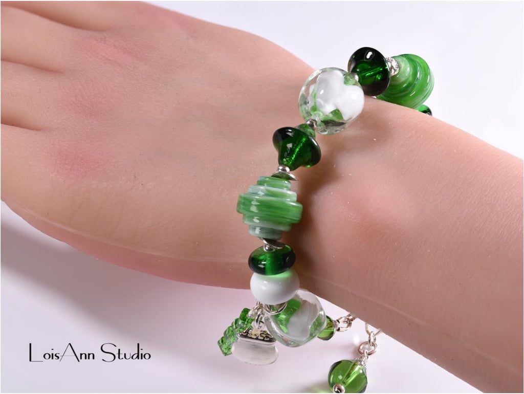Lucky Lampwork Bracelet, Green and White, One of a Kind, St. Patrick's Day, Sterling Silver