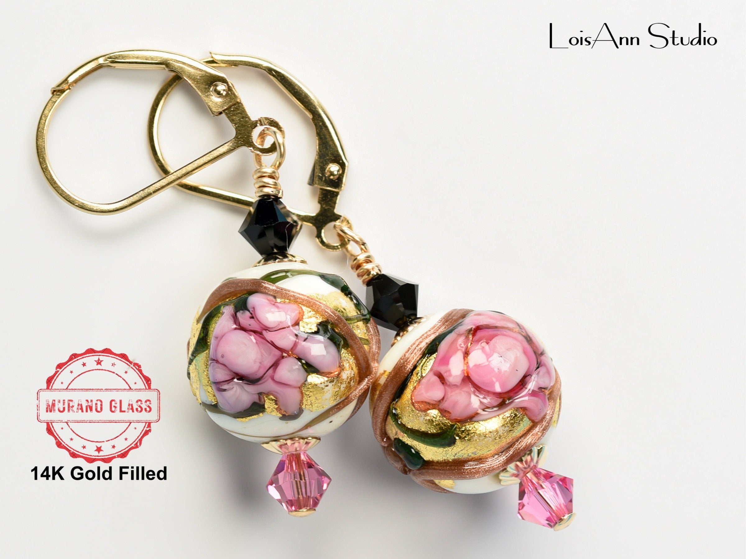 Pink Flowers Ivory Beaded Earrings, Murano Glass, Handmade, 14kt Gold Filled