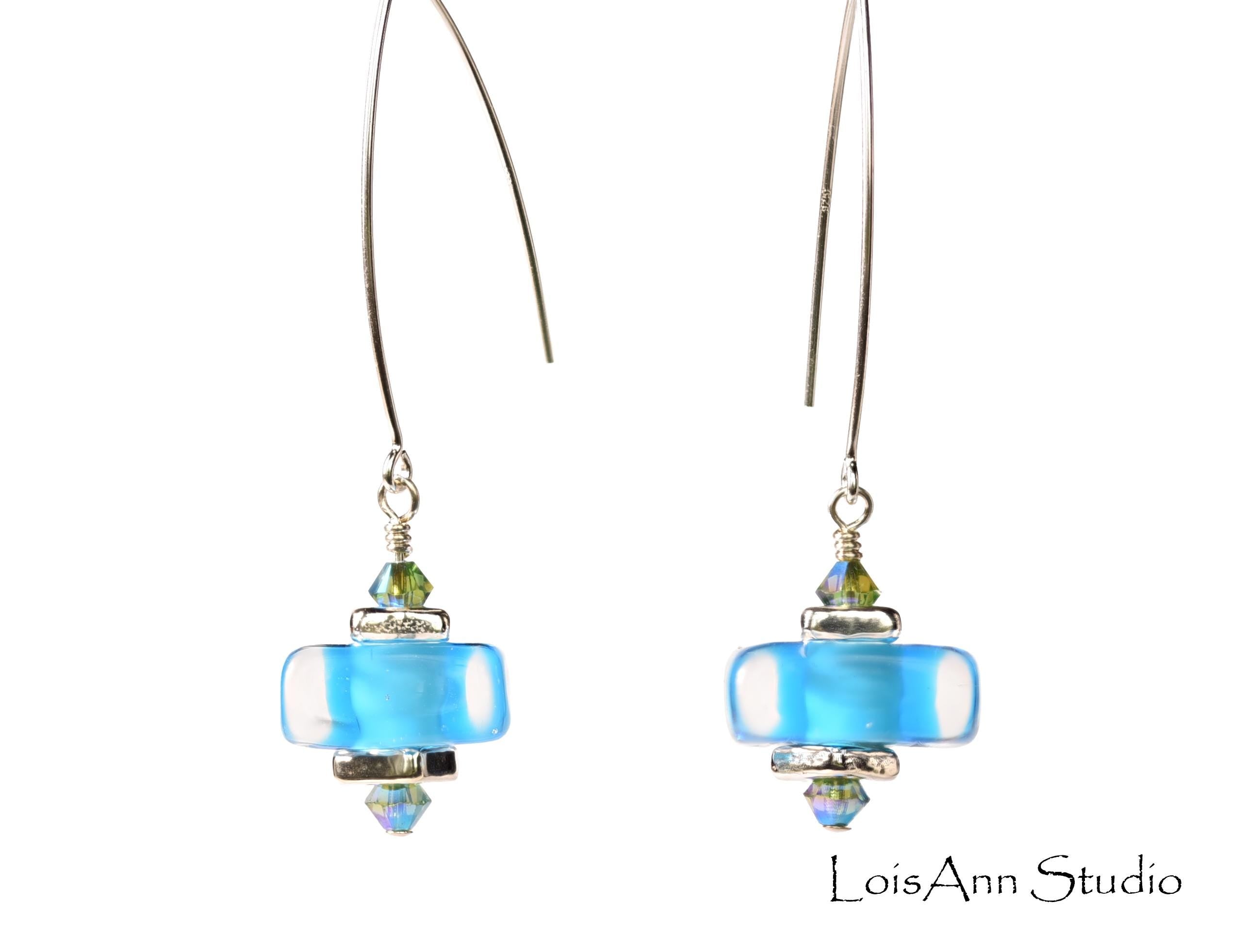 Lampwork Glass Earrings:  Electric Blue, Handmade, V Sterling Ear Wires, Gift for Her