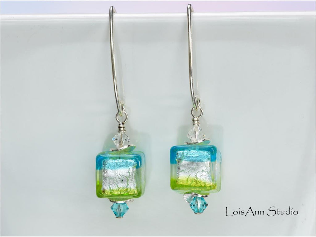 Lampwork Murano Glass Earrings: Aqua Lime Green Sterling Silver