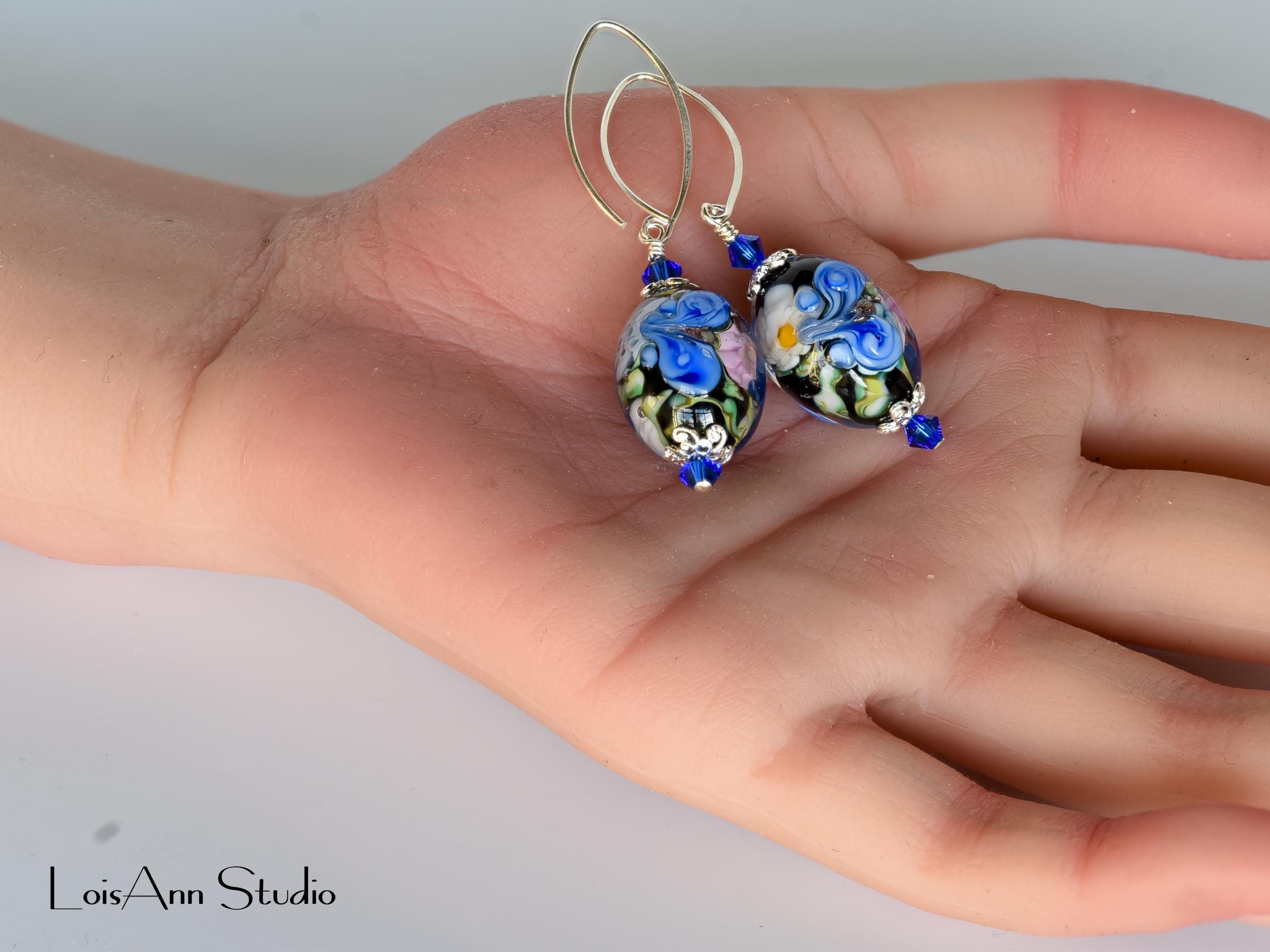 Glass Butterfly Earrings, Lampwork, Artisan, Venetian Murano Glass, Sterling Silver, Gift for Her